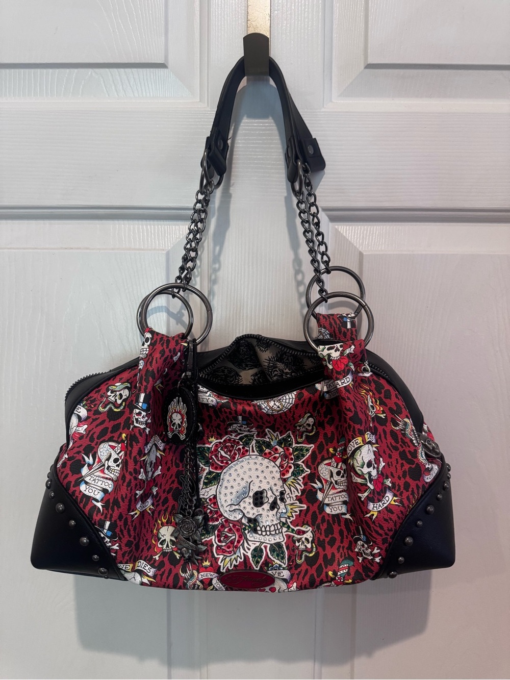 New Ed hardy handbag purse rhinestone skull and roses leopard print